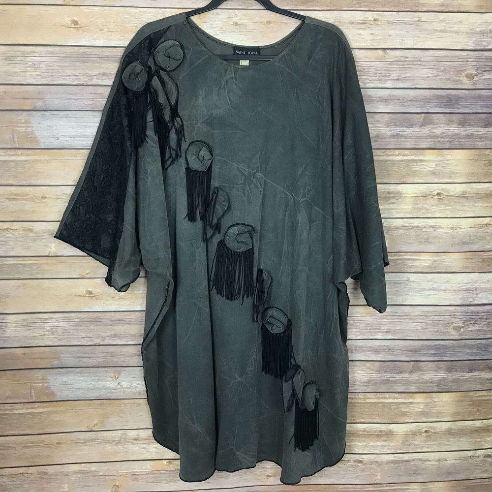 Saint Joval Top Womens 20 Gray Tunic Embellished Dolman Sleeve Lace Fringe